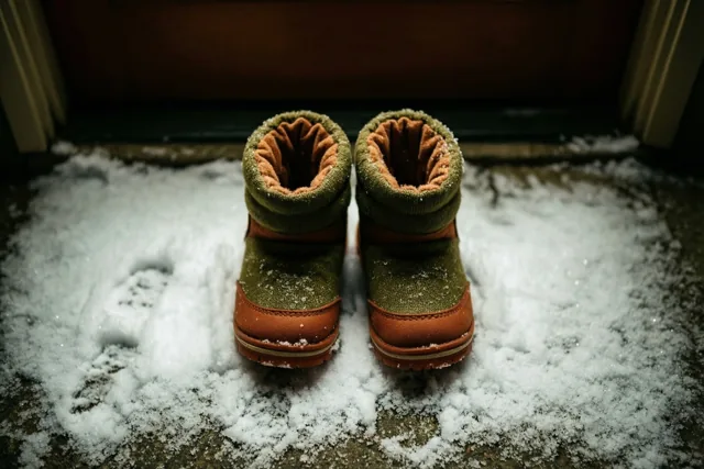Een paar piepkleine babysneeuwlaarsjes met groene en bruine accenten staat naast elkaar op een besneeuwde drempel voor een donkere houten deur.