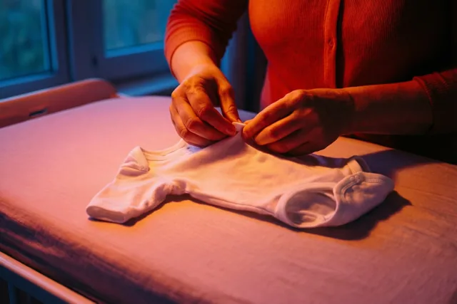 Twee handen knopen een klein wit babypakje dicht op een verzorgingstafel in rood-oranje licht, met koele blauwe tinten bij het raam achteraan.