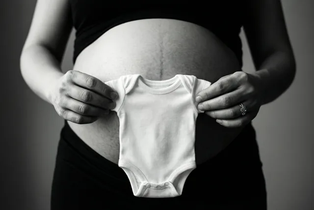 Een zwangere vrouw houdt een klein wit babypakje voor haar buik op een zwart-witfoto met een effen achtergrond.