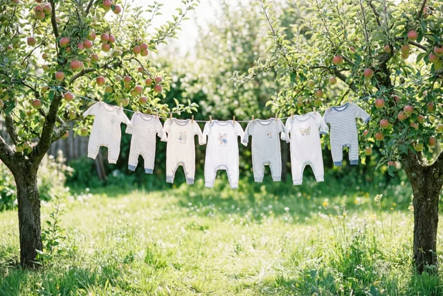 Een rij babypakjes hangt tussen twee appelbomen met rijpe rode appels, boven gras en bloeiende wilde bloemen in een zonnige lentetuin.