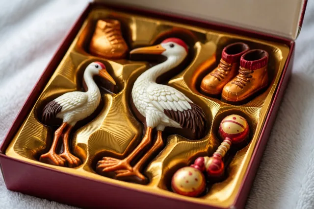 Een open rode doos met goudfolie bevat pralines in de vorm van ooievaars, babyslofjes en een rammelaar en staat op een witte deken met reliëf.