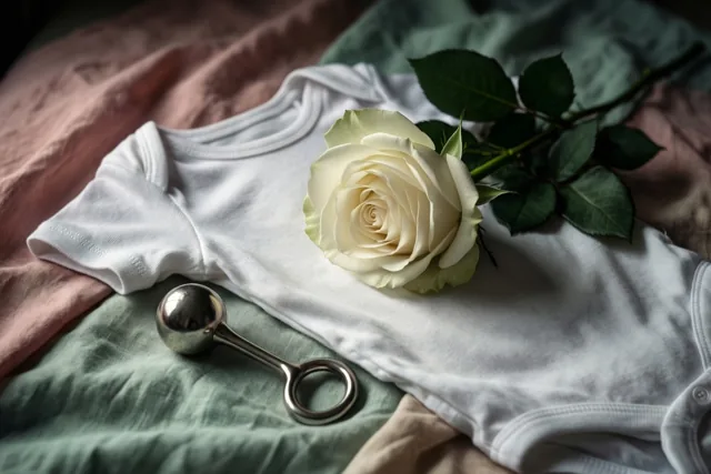 Een wit babyrompertje, een witte roos en een zilveren rammelaar liggen op gekreukt linnen in zacht licht, met gedempte witte, groene en roze tinten.