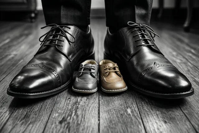 Een zwart-witfoto toont twee kleine babyschoentjes, een donker en een lichter, tussen grote leren schoenen op een houten vloer.
