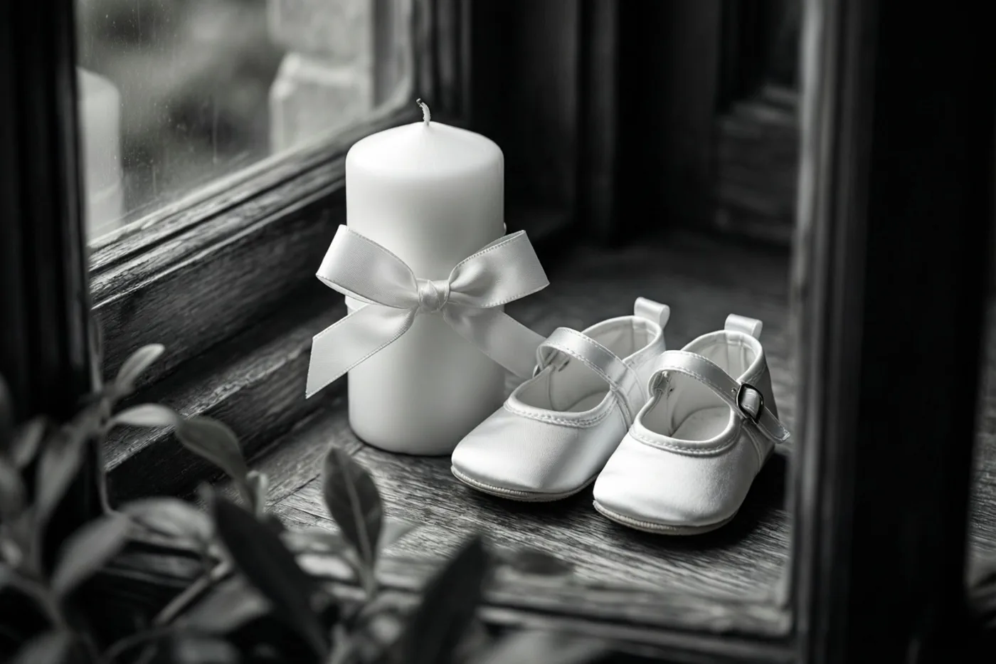 Witte satijnen babyschoentjes en een witte doopkaars met een satijnen strik staan op een houten vensterbank op een zwart-witfoto.