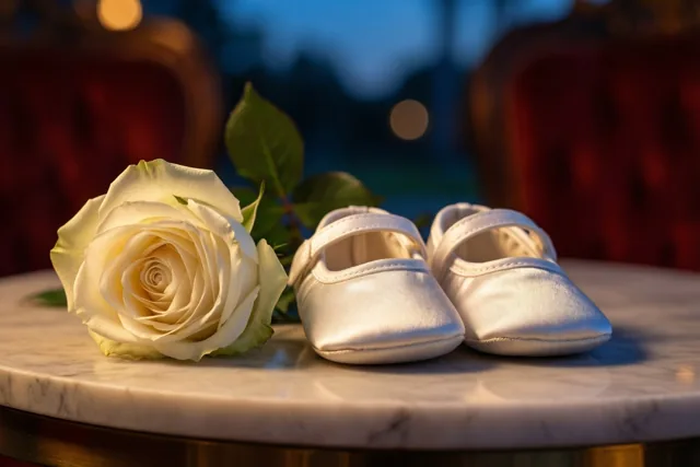 Witte zijden babyschoentjes liggen op marmer naast een witte roos, met rode stoelen in een warm verlichte, wazige achtergrond.