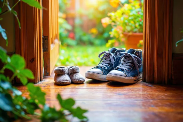 Kleine gebreide babyschoentjes en sneakers voor volwassenen staan naast elkaar op een houten vloer in een deuropening, met warm zonlicht en groen op de voorgrond en achtergrond.