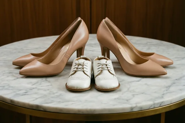 Witte leren babyschoentjes staan naast huidkleurige schoenen met hoge hakken op een marmeren tafel met een warme houten wandbekleding op de achtergrond.