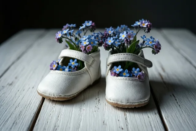 Kleine witte babyschoentjes gevuld met blauwe en paarse vergeet-mij-nietjes staan op een witte houten tafel tegen een donkere achtergrond.