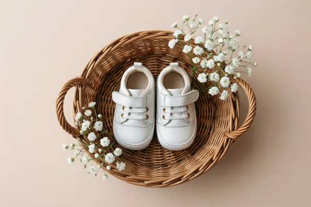Witte babyschoentjes staan met takjes wit gipskruid in een rieten mand tegen een effen beige achtergrond.