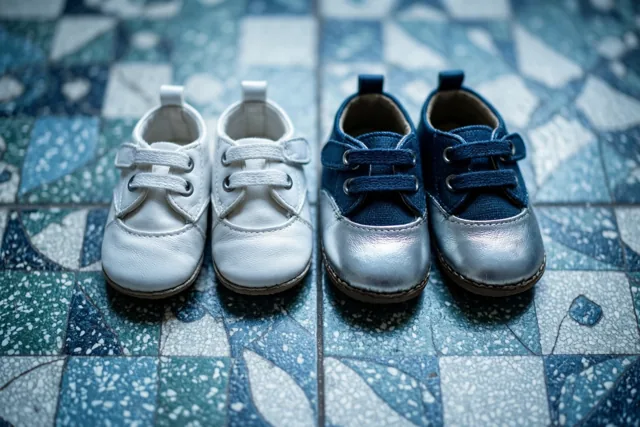 Twee paar babyschoentjes in wit en blauw met zilverkleurige neuzen staan naast elkaar op een linoleumvloer met een patroon, tegen een blauw, groen en wit gespikkelde achtergrond.