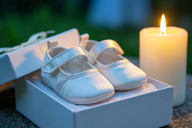 Witte zijden babyschoentjes liggen in een open witte geschenkdoos naast een brandende witte doopkaars, buiten tegen een onscherpe groene achtergrond.
