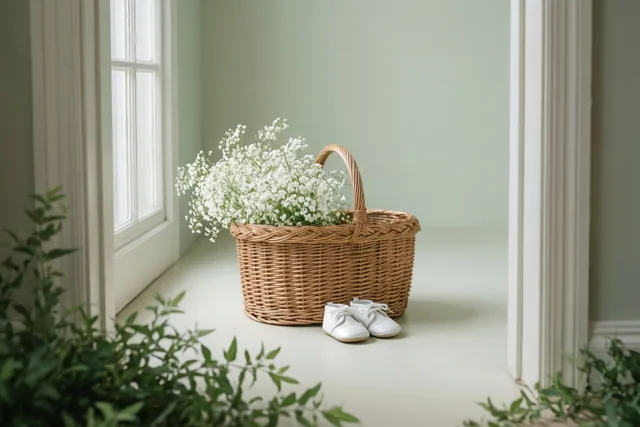 Een rieten mand met wit gipskruid staat naast witte babyschoentjes op een lichte vloer in een zacht verlichte kamer met lichtgroene muren en witte raamkozijnen.