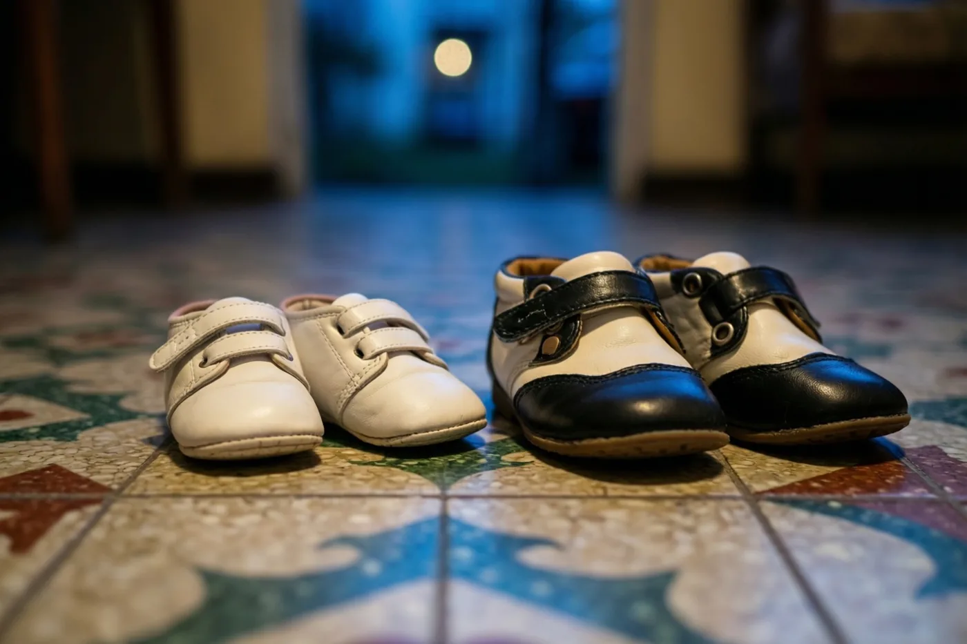 Twee paar babyschoentjes, één wit en één zwart-wit, staan naast elkaar op een kleurrijke linoleumvloer met een patroon, met een wazige blauwe achtergrond.
