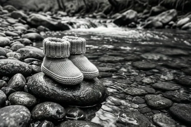 Op deze zwart-witfoto liggen kleine gebreide babyslofjes op gladde natte keien naast een heldere stromende beek.