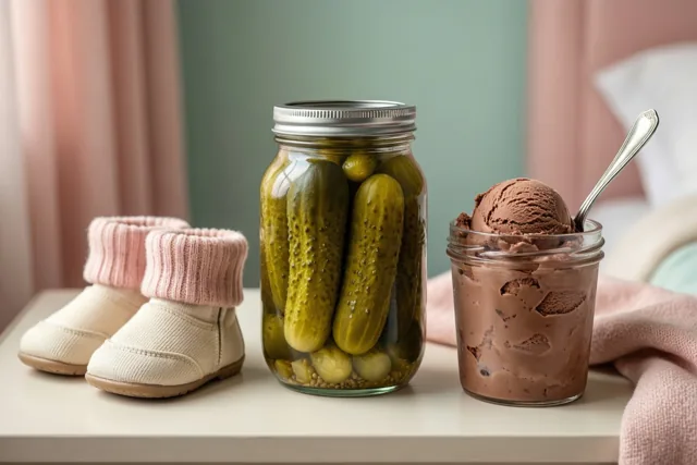 Een pot augurken, een pot chocolade-ijs met een lepel en babyslofjes staan op een wit nachtkastje in een zacht verlichte slaapkamer met roze en groene tinten.