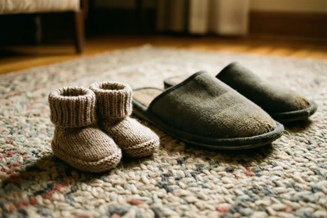 Kleine gebreide babyslofjes staan naast een paar versleten pantoffels voor volwassenen op een wollen tapijt met duidelijke structuur in warm licht.