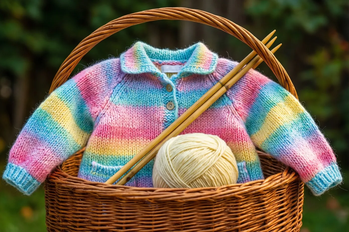Een rieten mand met een kleurrijk babytruitje in pasteltinten, bamboe breinaalden en crèmekleurig garen staat buiten tegen een wazige groene achtergrond.