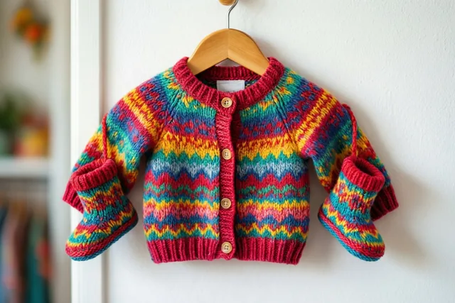 Een klein gebreid vestje met bijpassende slofjes hangt aan een houten kleerhanger tegen een witte muur, met zigzagstrepen in rood, geel, groen en blauw.