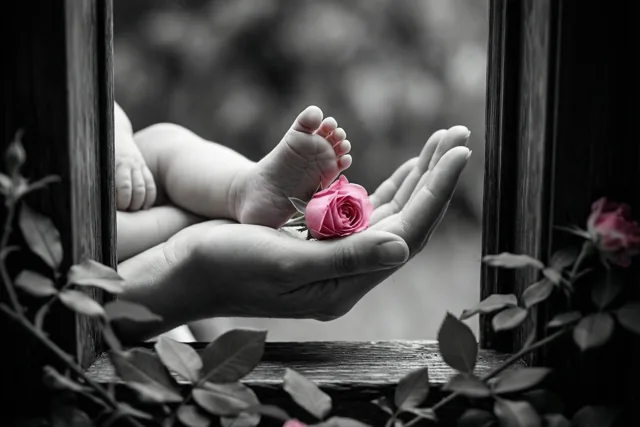 Een babyvoetje rust in een open handpalm naast een roze rozenknop, omlijst door donkere houten raamspijlen en onscherpe bladeren, met alleen de roos in kleur.