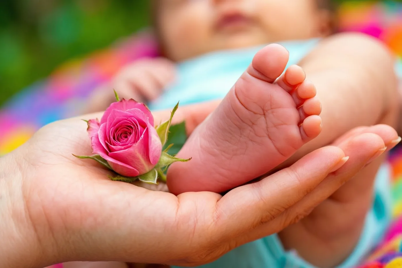 Een moederhand houdt een babyvoetje en een roze rozenknop vast, met kleurrijke stof en groen onscherp op de achtergrond.