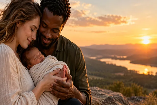 De handen van twee ouders, met een lichte en een donkere huid, houden voorzichtig het kleine bruine voetje van hun pasgeboren baby vast.