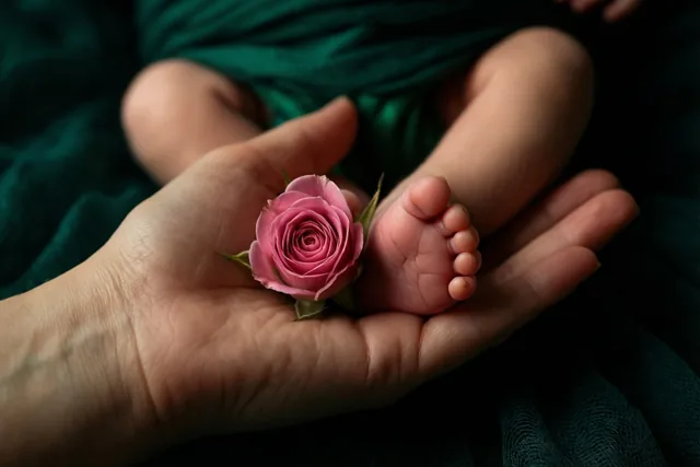 Een moederhand draagt een klein babyvoetje en een roze rozenknop tegen een achtergrond van donkergroene stof.