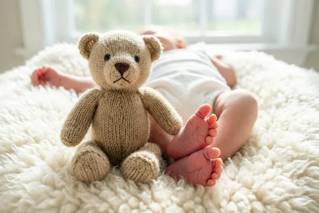 Een pasgeboren baby ligt op een pluizige witte schapenvacht, met de kleine voetjes duidelijk zichtbaar naast een beige gebreid beertje en een raam op de achtergrond.
