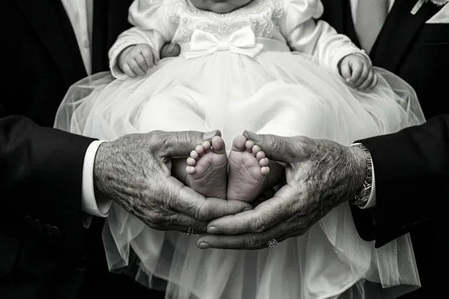 Een zwart-witfoto toont gerimpelde volwassen handen rond de voetjes van een baby in een wit doopkleed met een strik, tegen donkere feestkleding.