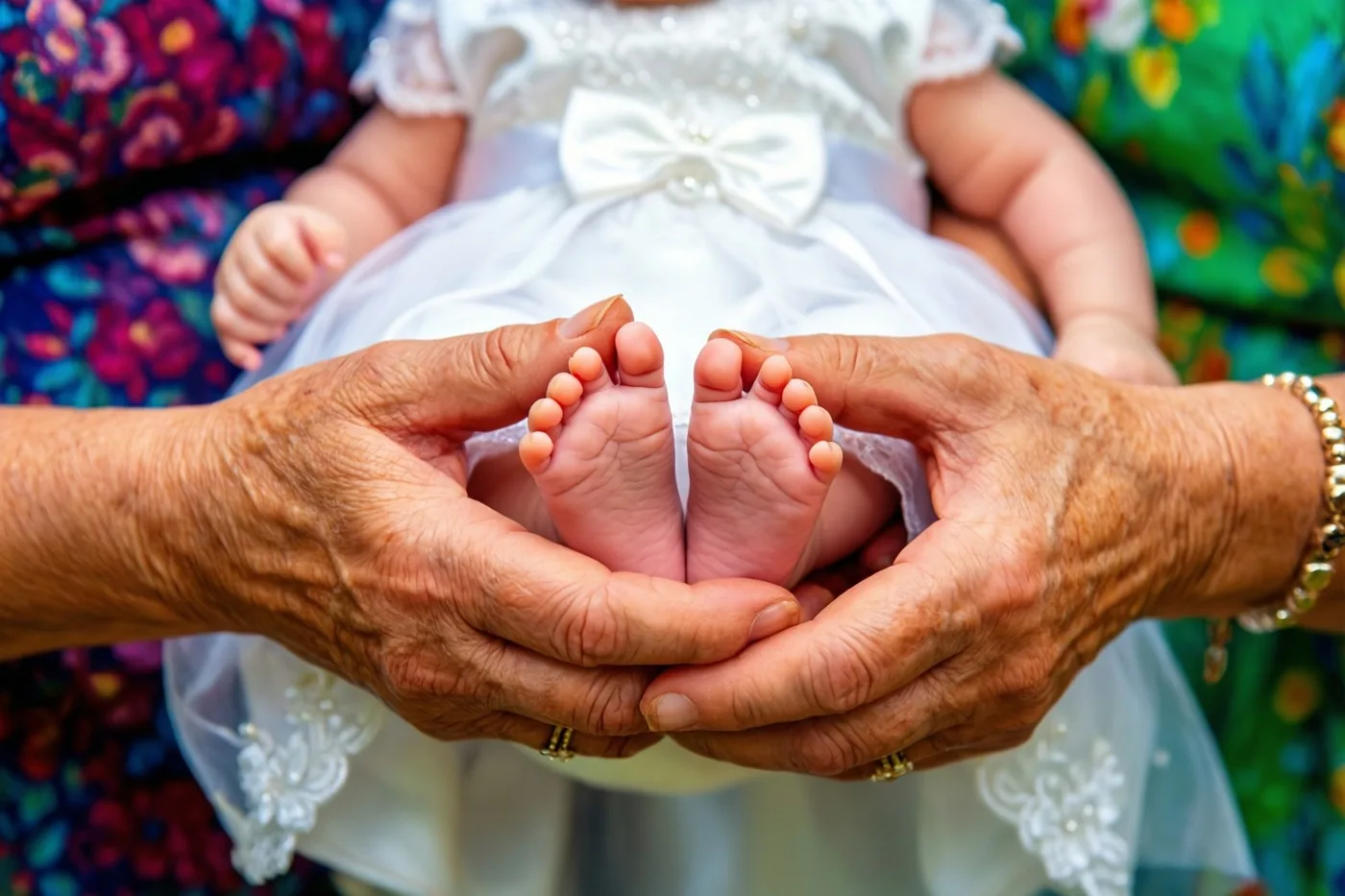Gerimpelde handen houden de kleine voetjes van een baby in een wit doopkleed vast, met kleurrijke bloemenstof op de achtergrond.