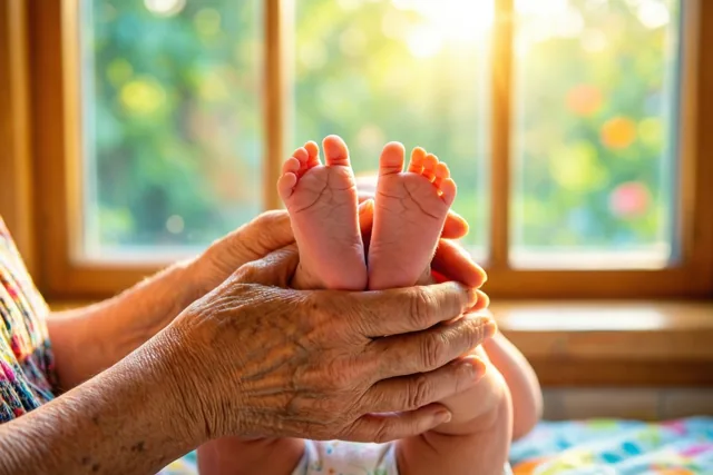 Gerimpelde handen van een oudere persoon houden kleine babyvoetjes zachtjes vast in warm zonlicht door een raam, met onscherp groen buiten op de achtergrond.