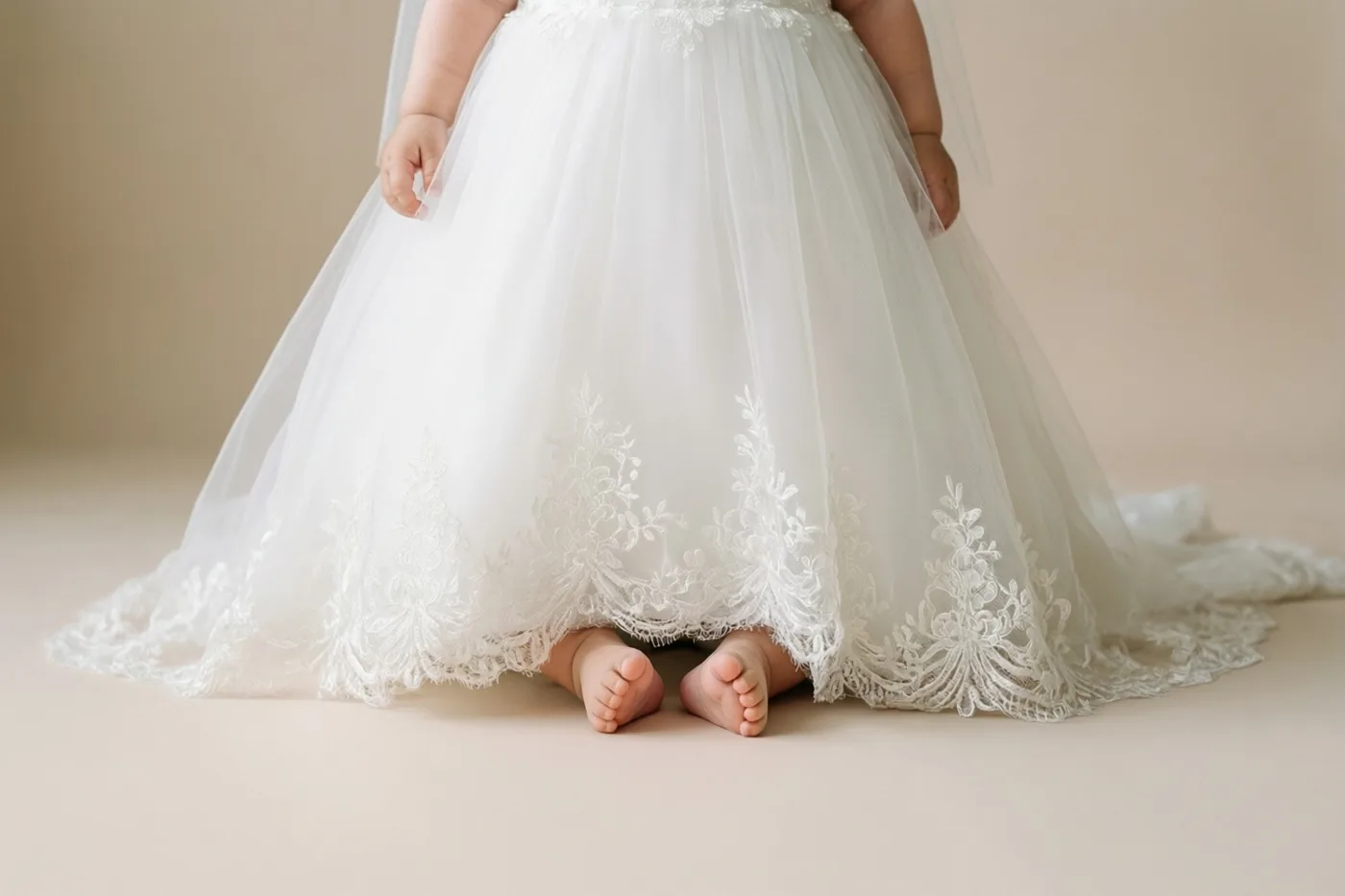 Een detailfoto toont kleine babyvoetjes onder de lange kanten zoom van een wit doopkleed, tegen een effen zachtbeige achtergrond.