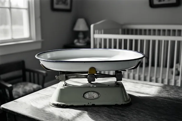 Een babyweegschaal uit de jaren vijftig met een emaille schaal staat op een houten tafel in een zonnige babykamer, weergegeven in zwart-wit.