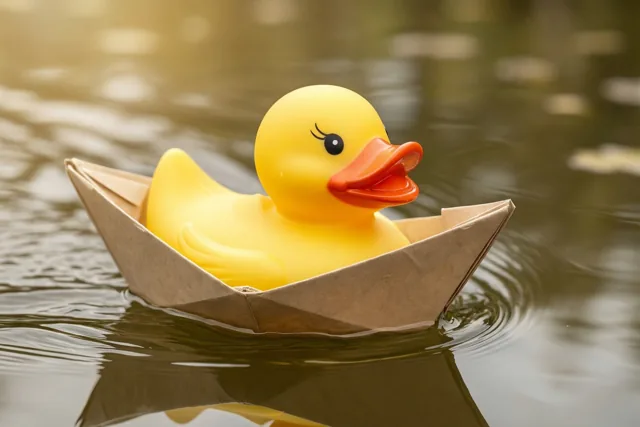 Een geel badeendje zit in een bruin papieren bootje op rustig water met zachte gouden lichtweerkaatsingen.