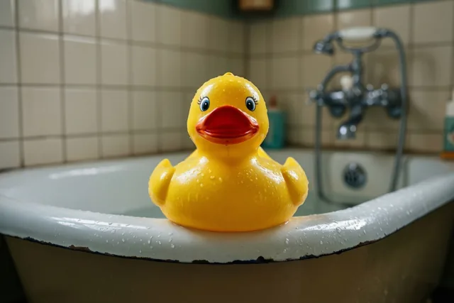 Een felgeel badeendje zit op de rand van een emaille babybadje in een retrobadkamer met beige wandtegels en een verchroomde kraan.