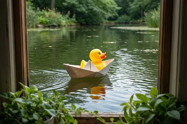 Door een raam met groene planten op de voorgrond is een geel badeendje in een papieren bootje op een rustige vijver te zien.