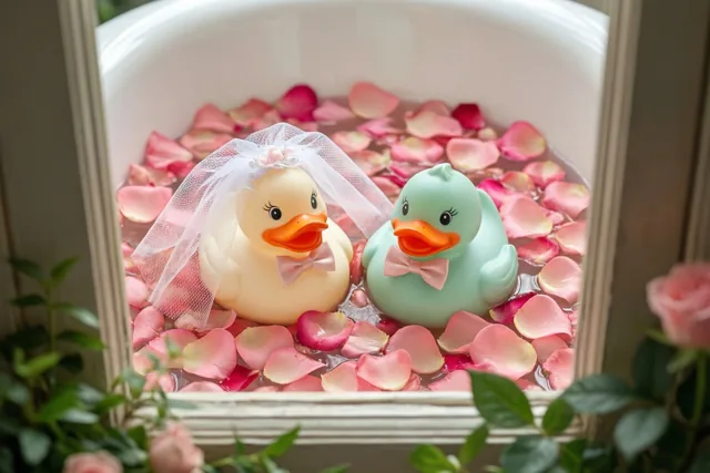 Twee badeendjes, een met een sluier en een met een strikje, drijven in een badkuip met roze rozenblaadjes, omkaderd door groen en rozen.