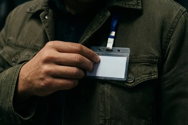 In een close-up speldt een hand een blanco witte naambadge op een donkergroene jas.