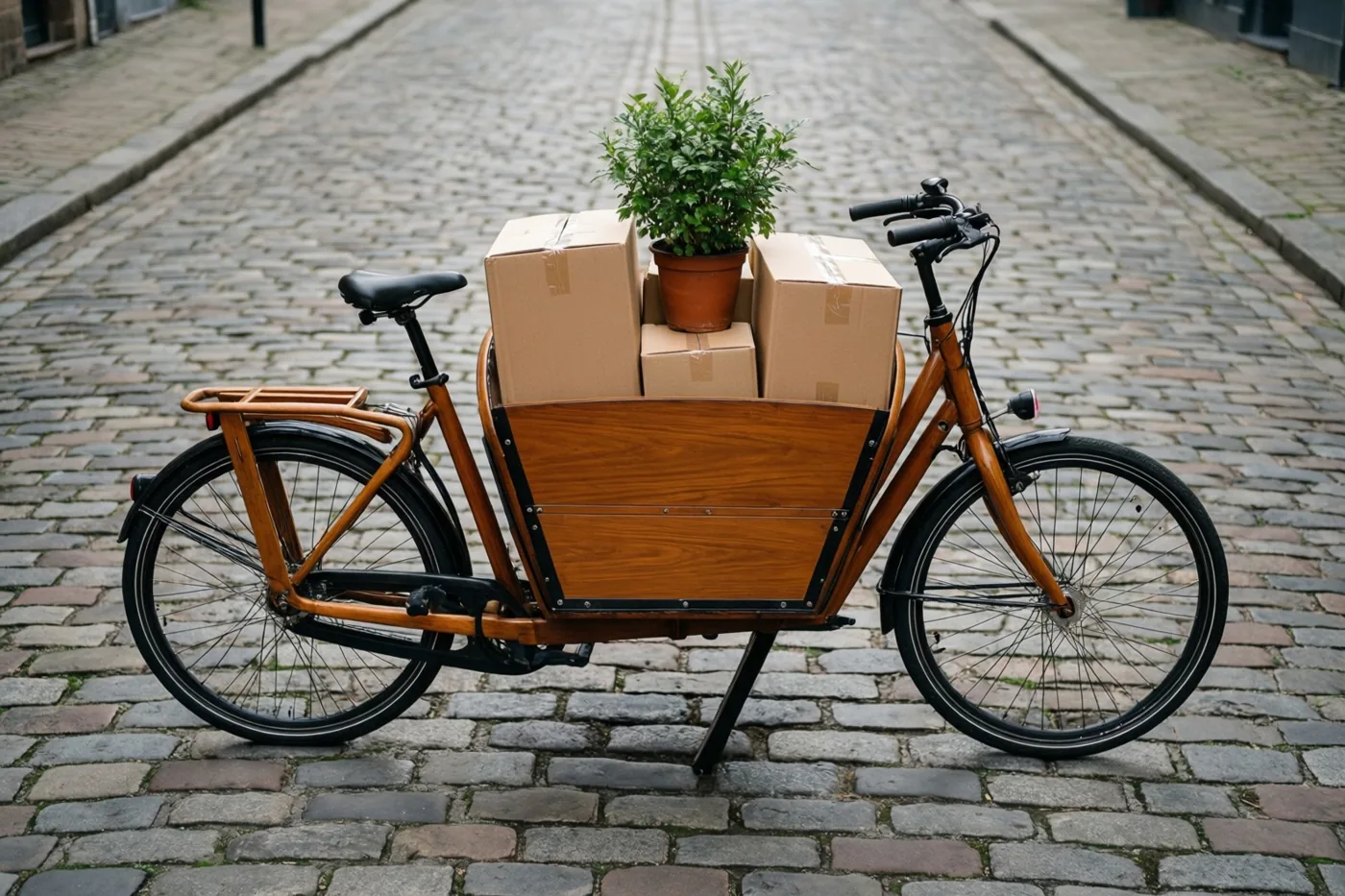 Een houten bakfiets met kartonnen dozen en een plant in een pot staat in een rustige, smalle kasseistraat in gedempte aardetinten.