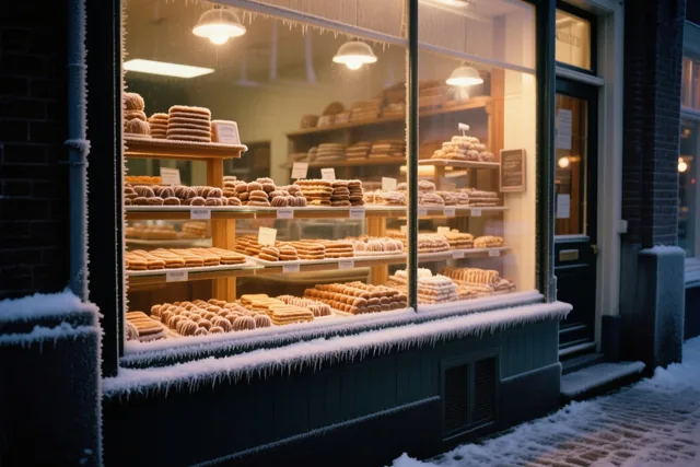 Een bakkersetalage in een donker bakstenen gebouw toont rijen speculaas en marsepeingebak in warm licht, met rijp, sneeuw en een besneeuwd voetpad buiten.