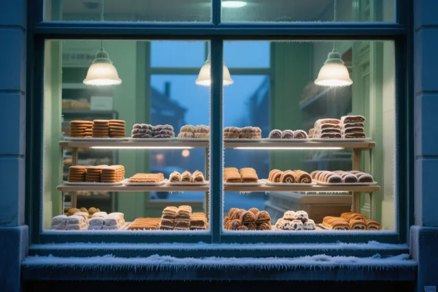 Een bakkersetalage met rekken speculaas en marsepeingebak wordt warm verlicht achter bevroren glas, met sneeuw op de vensterbank en blauw avondlicht buiten.
