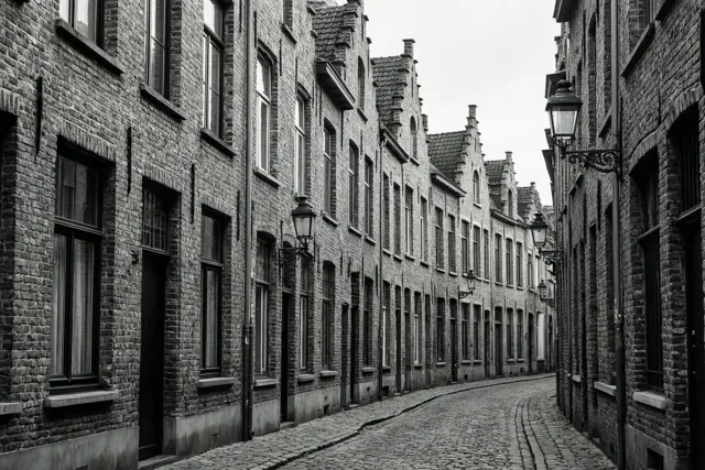 Een zwart-witfoto toont een smalle kasseistraat tussen rijen traditionele Belgische bakstenen huizen met puntdaken en ramen.