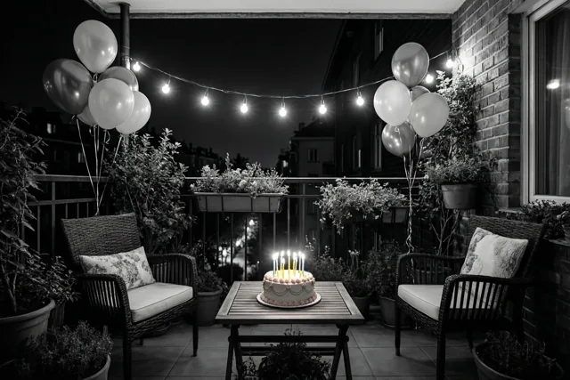 Op een zwart-witfoto staat 's nachts een kleine taart met brandende kaarsjes op een houten tafel op een balkon met lichtslingers, ballonnen, potplanten en rieten stoelen.