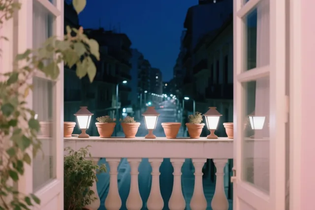 Een balkon met terracotta potten en brandende lampjes van klei kijkt uit op een zwak verlichte stadsstraat onder een diepblauwe nachthemel.