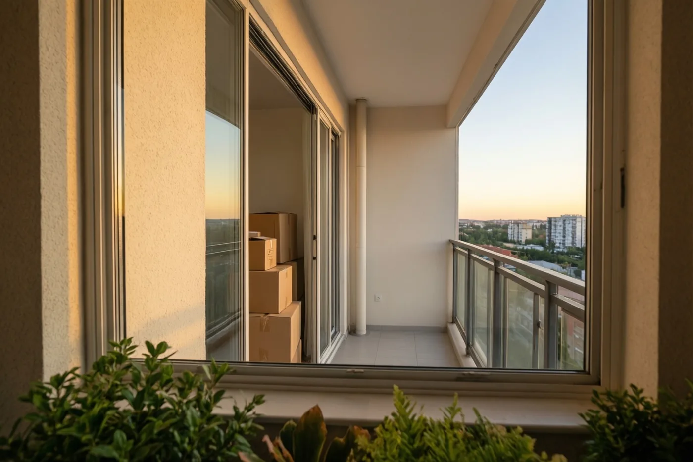 Door een glazen deur is een balkon in goudkleurig avondlicht te zien, met gestapelde verhuisdozen binnen en een stadsgezicht in de verte.