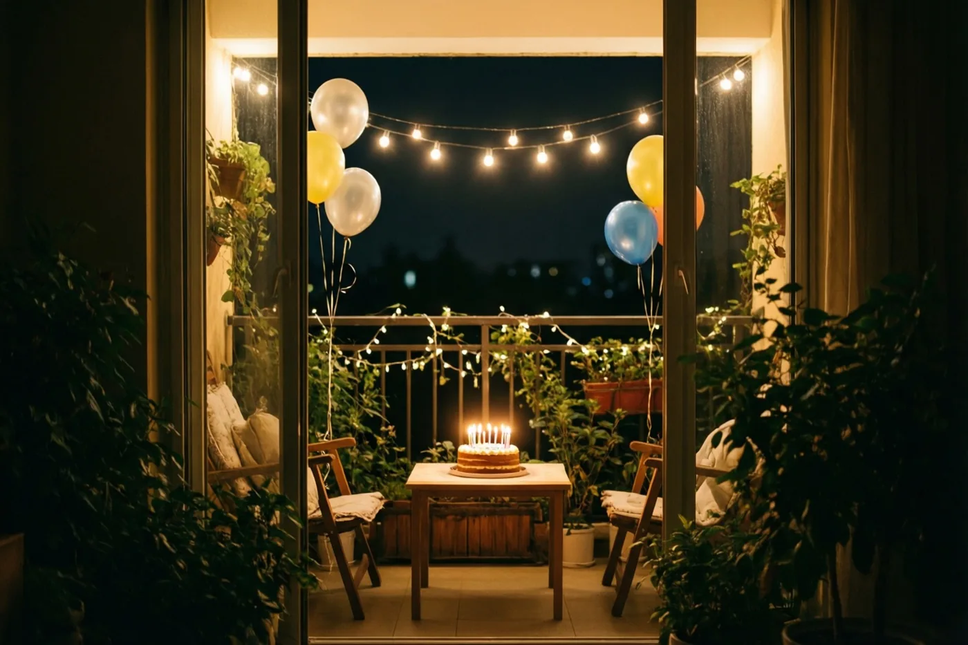 Een balkon van een appartement is 's nachts versierd met lichtslingers en kleurrijke ballonnen, met een kleine taart met brandende kaarsjes op een houten tafel.