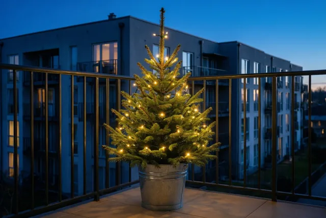 Een kleine kerstboom met warme lichtjes staat in een verzinkte emmer op een modern appartementsbalkon bij valavond, met een diepblauwe lucht en verlichte ramen op de achtergrond.