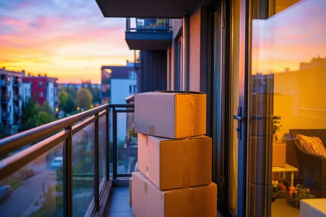 Kartonnen verhuisdozen staan op een balkon naast een glazen deur, terwijl de oranje en roze avondlucht weerspiegelt in het glas en op de omliggende gebouwen.