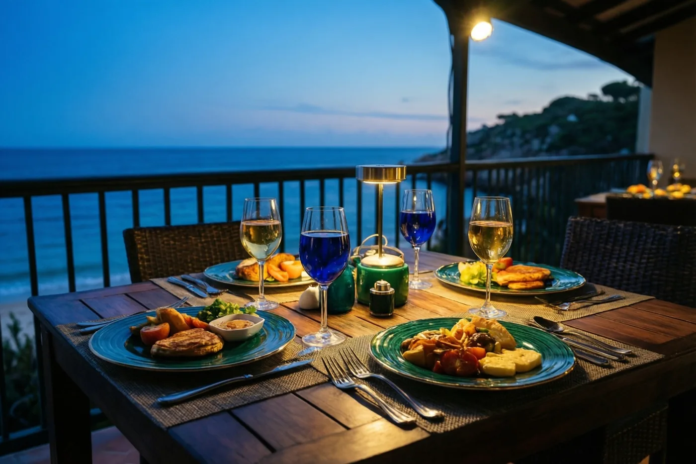 Een gedekte tafel met borden eten en glazen wijn staat op een balkon boven zee, verlicht door warme lampen tegen een blauwe lucht en zee in de schemering.
