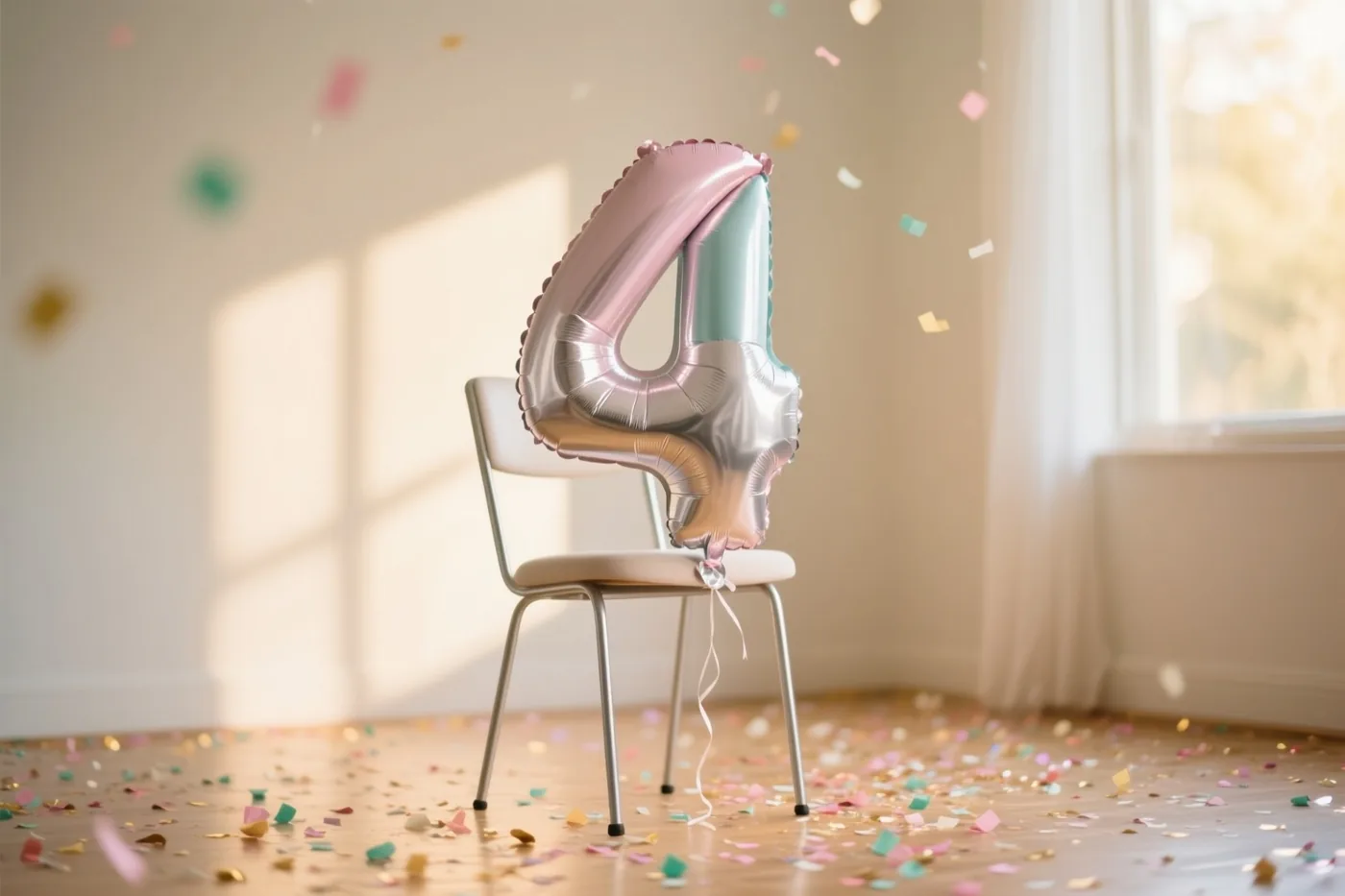 Een grote cijferballon 4 in zilver- en pasteltinten hangt aan een stoel in een zonnige kamer met kleurrijke confetti op de vloer.