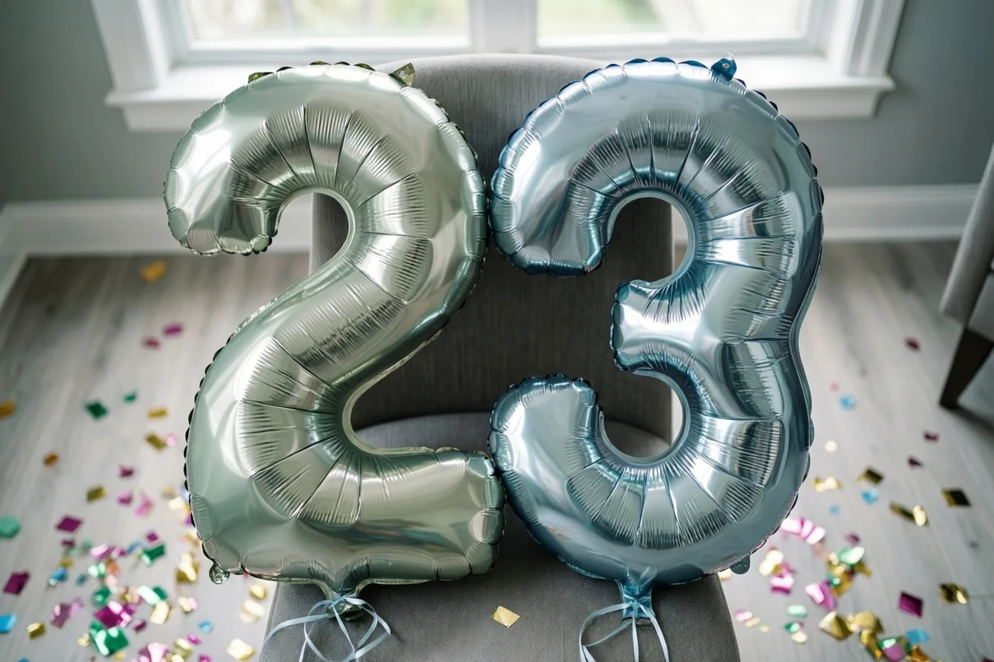 Grote zilver- en pastelkleurige cijferballonnen vormen 23 aan een grijze stoel in een lichte kamer met kleurrijke confetti op de vloer en een raam op de achtergrond.